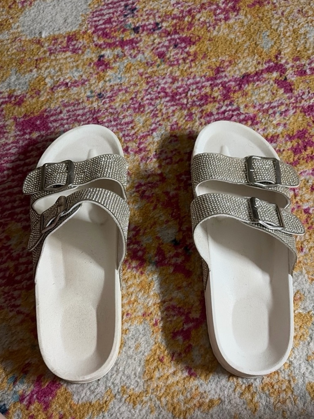 Sparkle White Double-Buckle Slide Sandals